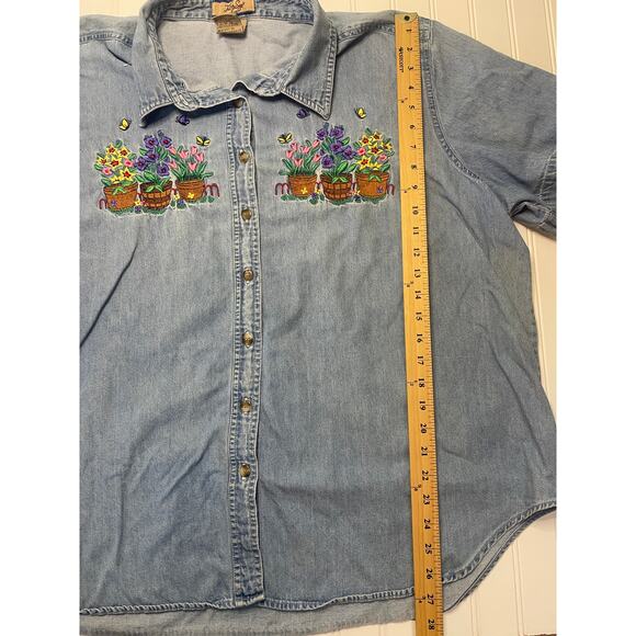Just My Size Denim Flowers Plants Floral Embroidered Button Down Top Size 22/24 - Picture 4 of 8